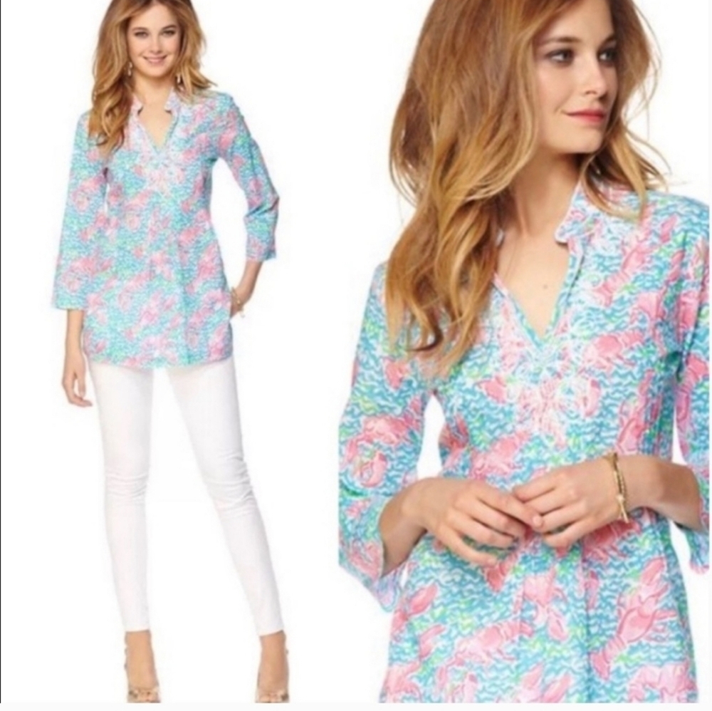 Lily Pulitzer Sarasota Beaded Tunic Blouse in Lobstah Roll Size XS - Picture 7 of 7